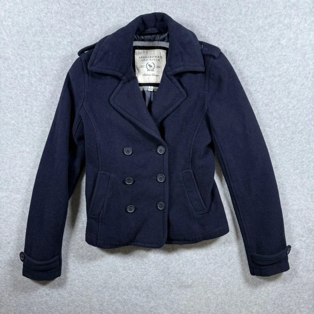 Vintage Abercrombie & Fitch Womens Medium Navy Blue Wool Blend Peacoat Jacket - Picture 1 of 16